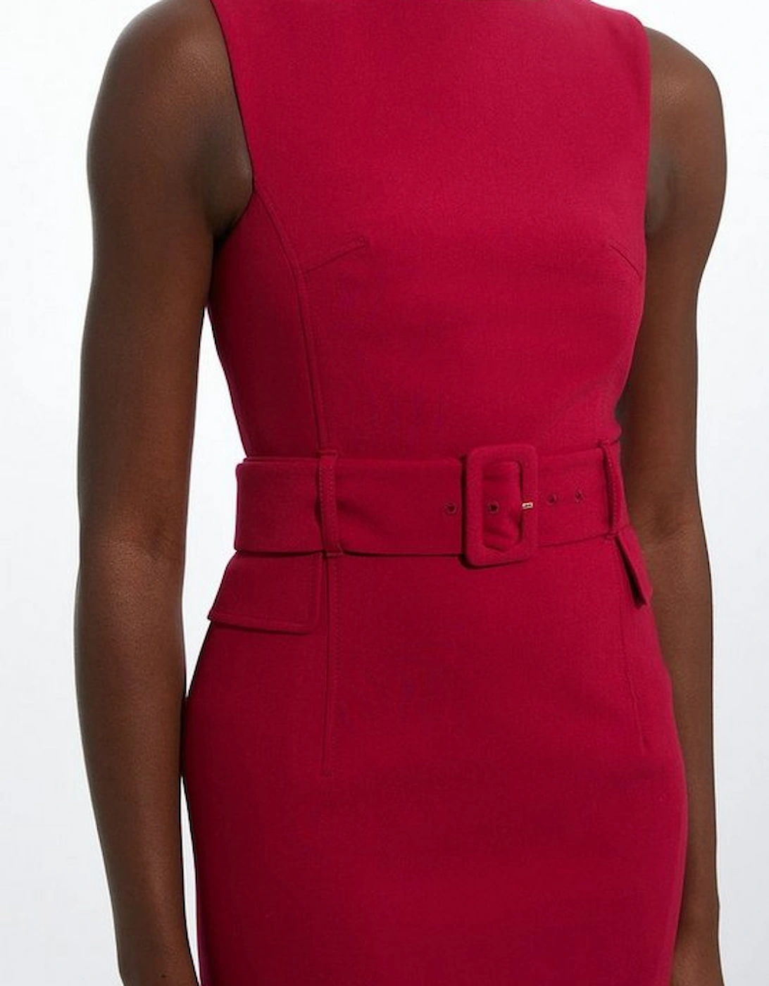 Petite Compact Stretch Belted Tailored Midi Pencil Dress