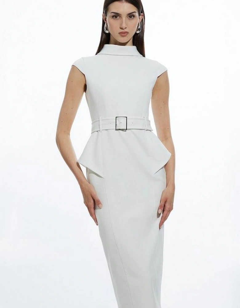 Structured Crepe Roll Neck Peplum Belted Midi Dress