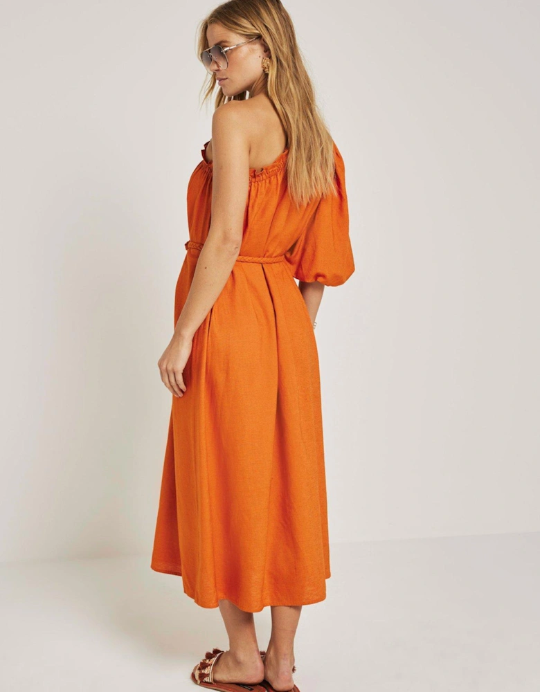 One Shoulder Linen Maxi Dress - Rust