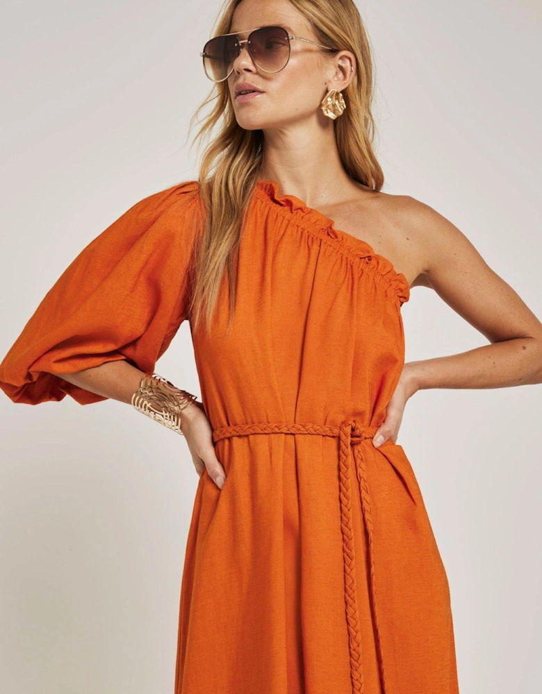 One Shoulder Linen Maxi Dress - Rust