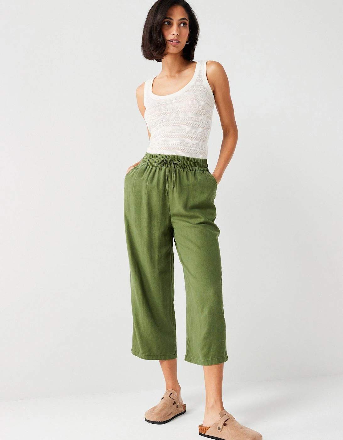 Crop Linen Blend Trousers - Khaki