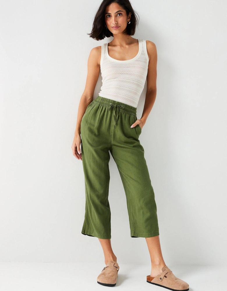 Crop Linen Blend Trousers - Khaki