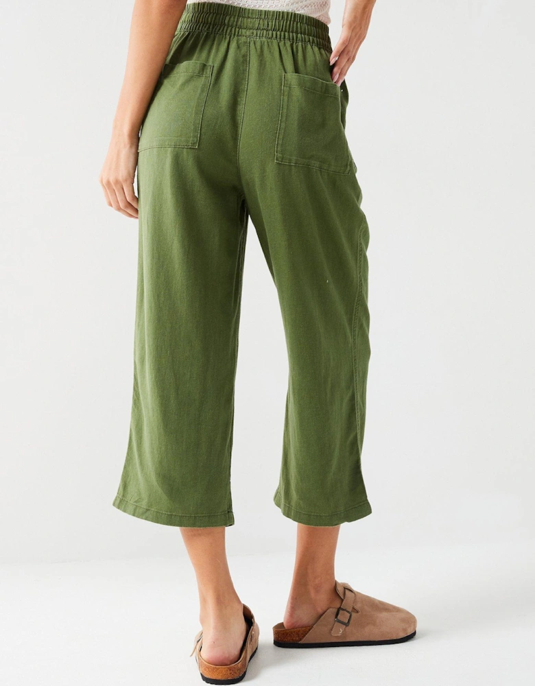 Crop Linen Blend Trousers - Khaki