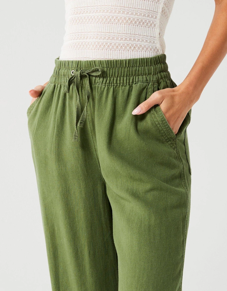 Crop Linen Blend Trousers - Khaki