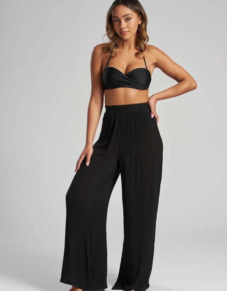 Crinkle Vicose Wide Leg Trousers - Black