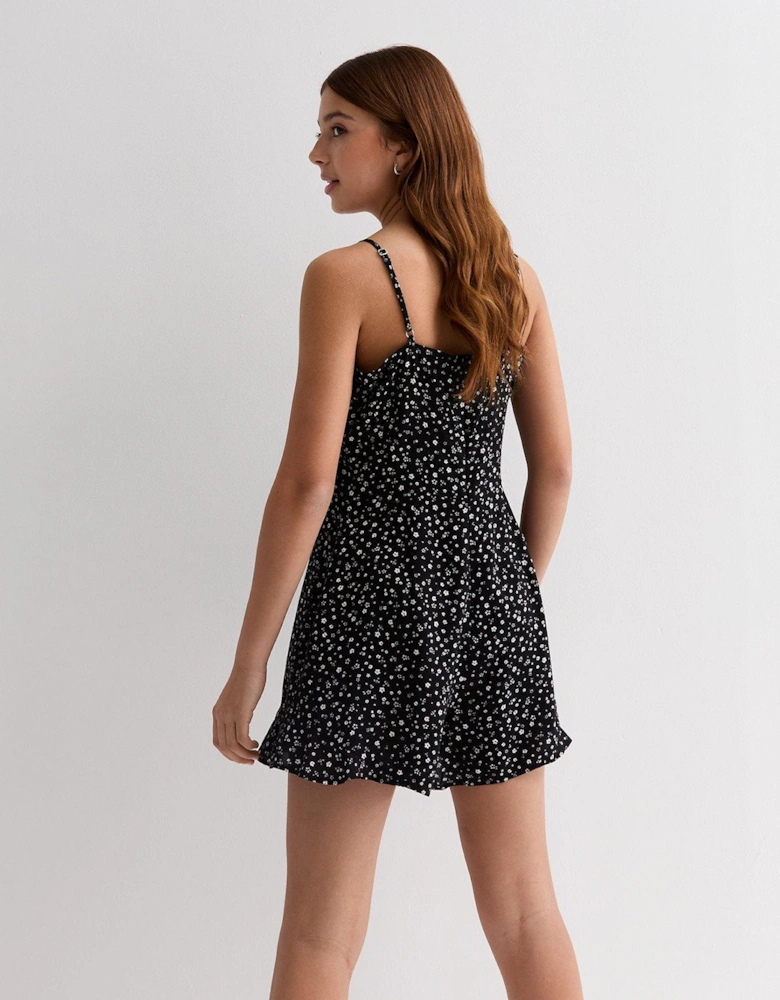 Girls Black Ditsy Print Ruched Strappy Playsuit