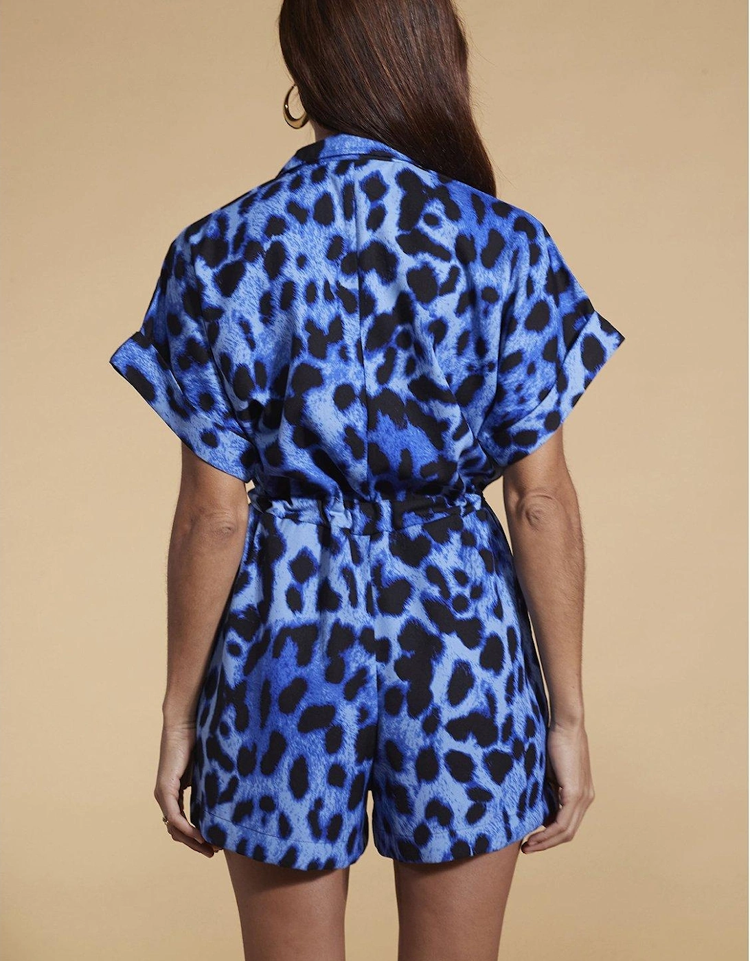 Leopard Print Cotton Playsuit with Kimono Sleeves - Blue