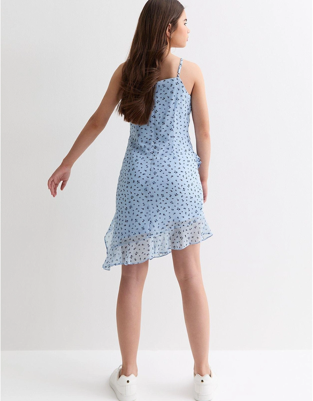 Girls Blue Ditsy Print Ruffle Asymmetric Mini Dress