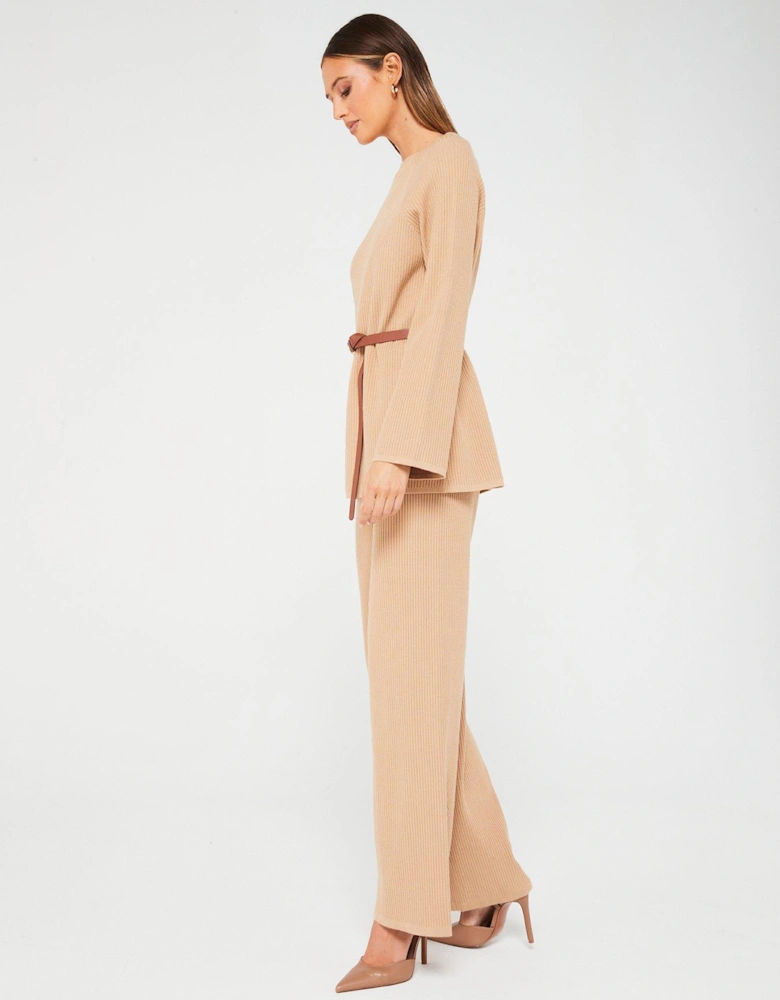 Long Sleeve Belted Knitted Rib Co-ord Top - Beige 