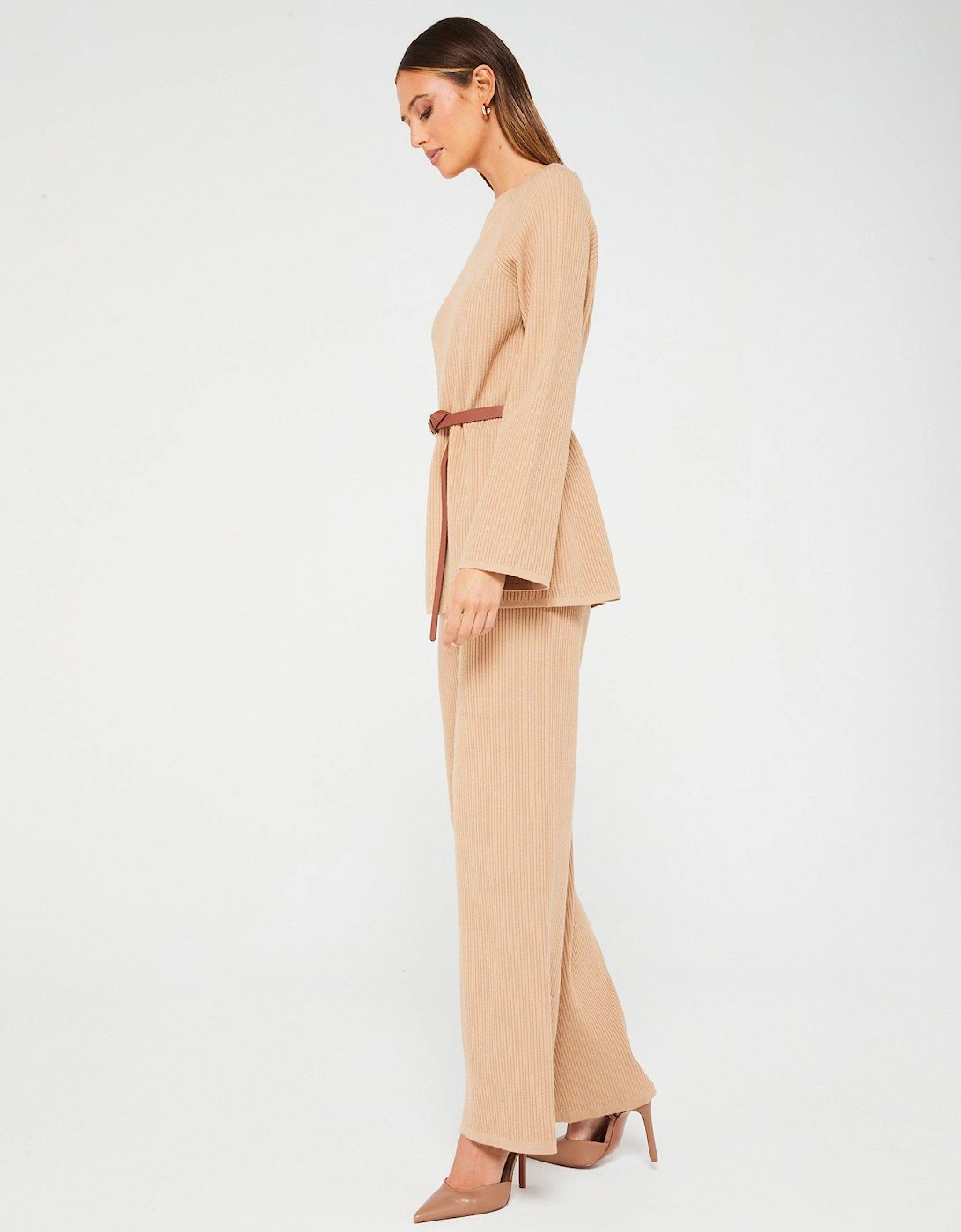 Long Sleeve Belted Knitted Rib Co-ord Top - Beige 