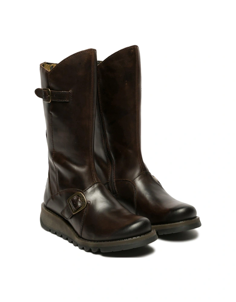 Mes 2 Leather Buckle Detail Calf Boots - Dark Brown