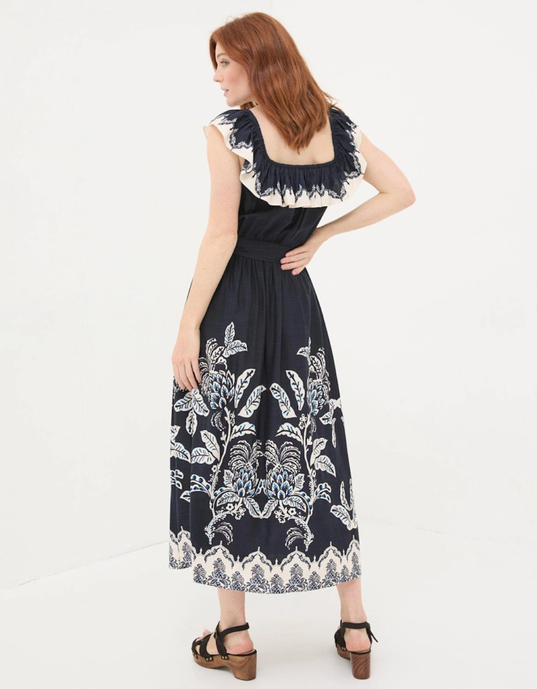 Sleeveless Fit and Flare Bardot Midi Dress with Large Floral Print - Navy