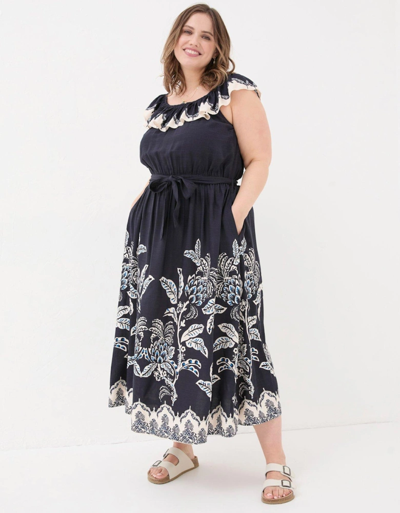 Sleeveless Fit and Flare Bardot Midi Dress with Large Floral Print - Navy
