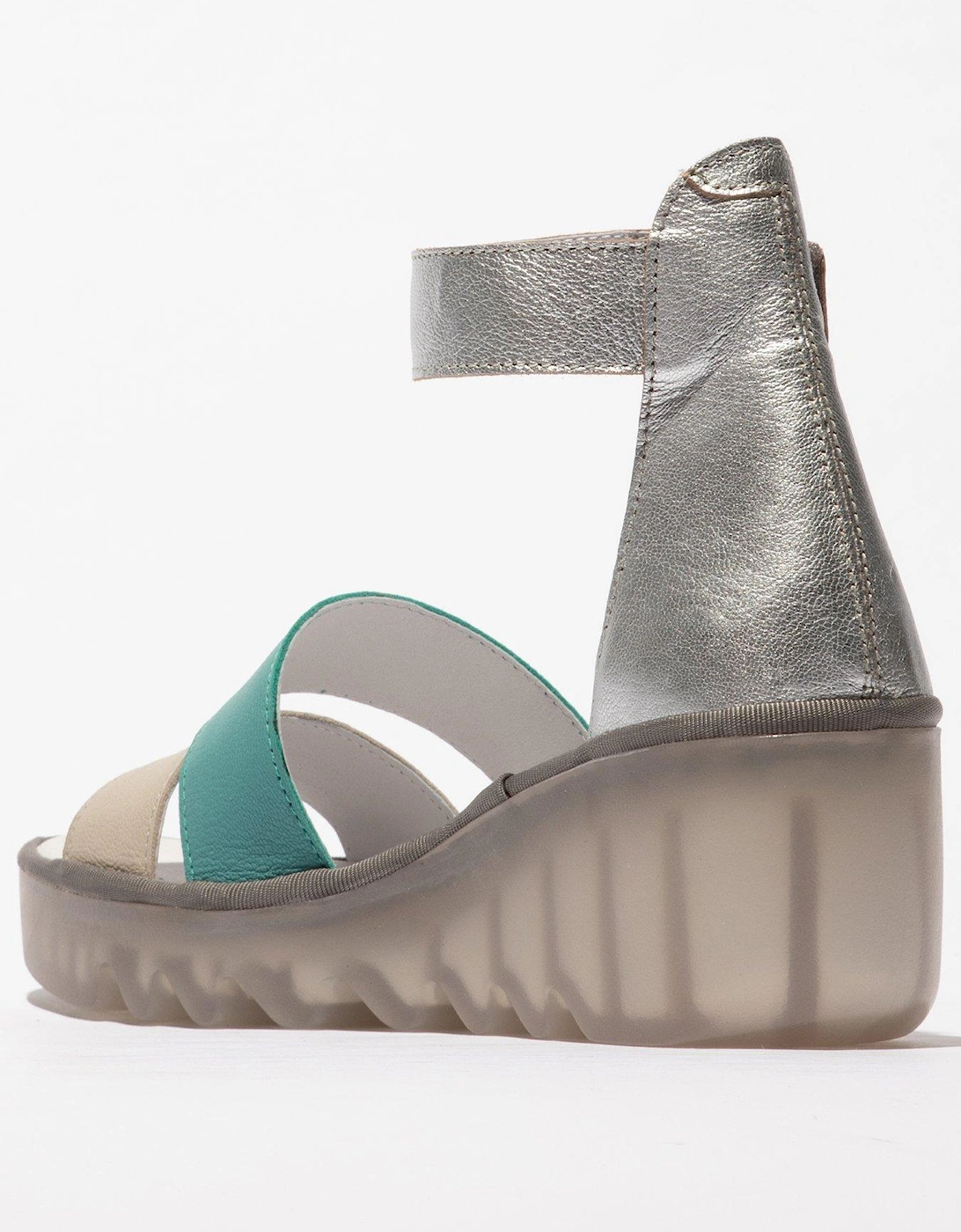 Bono Double Strap Leather Wedged Sandal - Silver & Turquoise