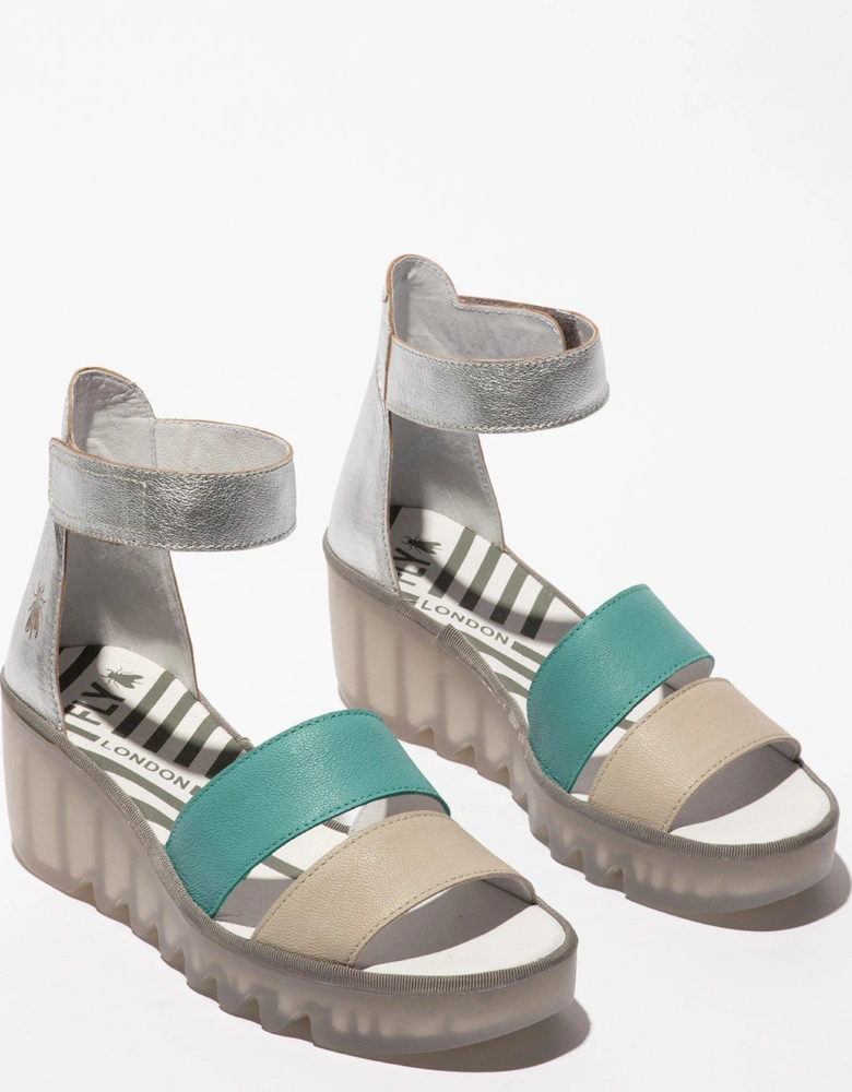 Bono Double Strap Leather Wedged Sandal - Silver & Turquoise