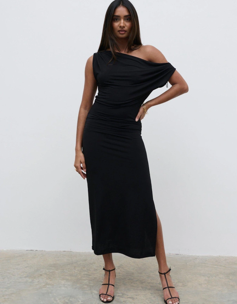 Janece One Shoulder Asymmetric Midaxi Dress - Black