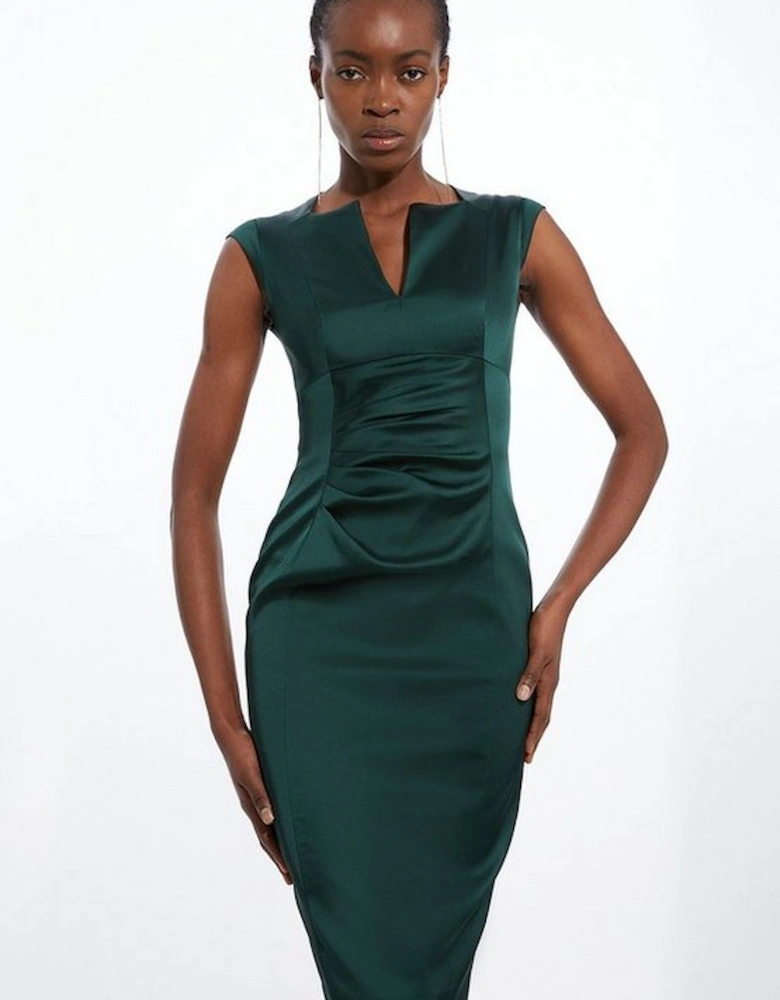 Italian Satin Tailored Envelope Neck Pencil Midi Dress