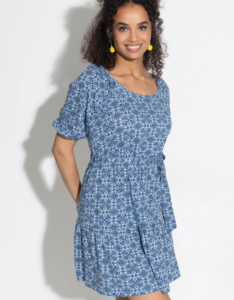 Sienna Short Sleeve Tie Waist Pointelle Jersey Dress - Blue