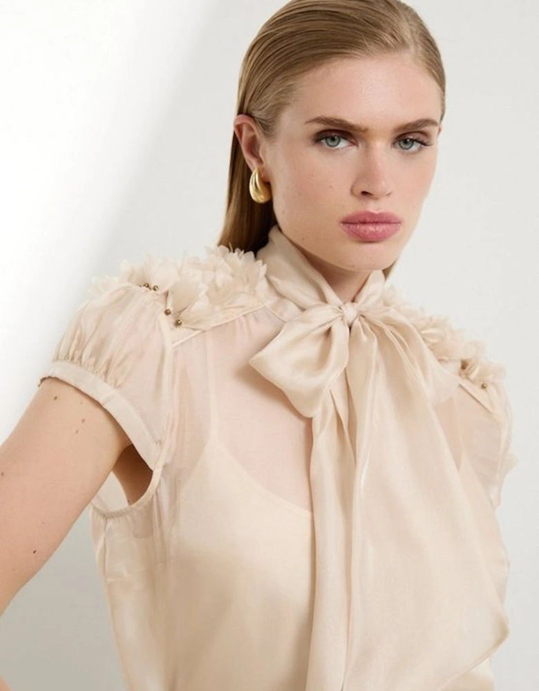 The Founder Organza Petal Applique Woven Tie Neck Blouse