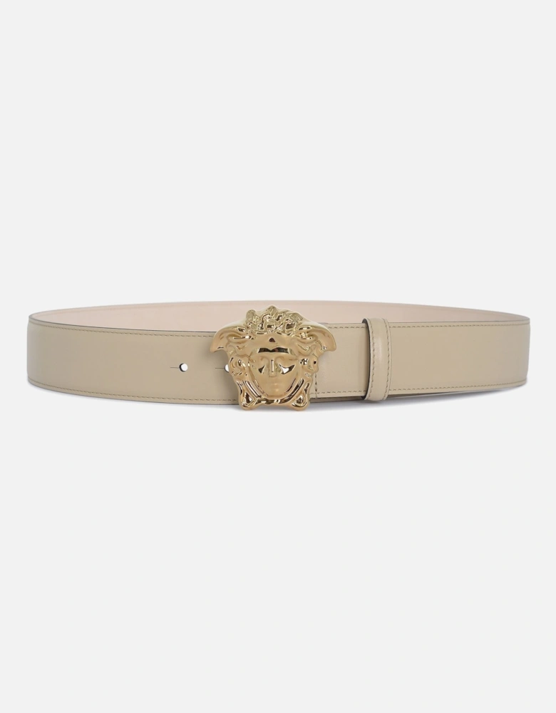 Medusa Buckle Leather 4cm Belt Beige