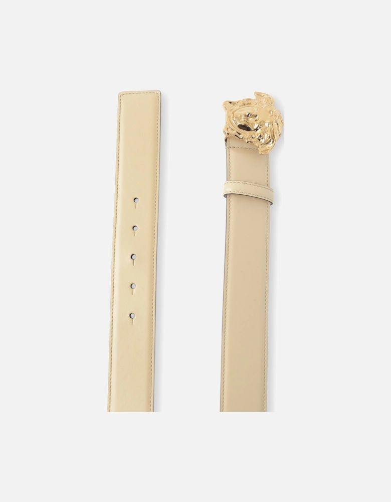 Medusa Buckle Leather 4cm Belt Beige