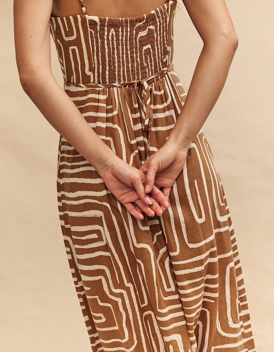 Brown Linen Blend Abstract Midi Dress - Multi