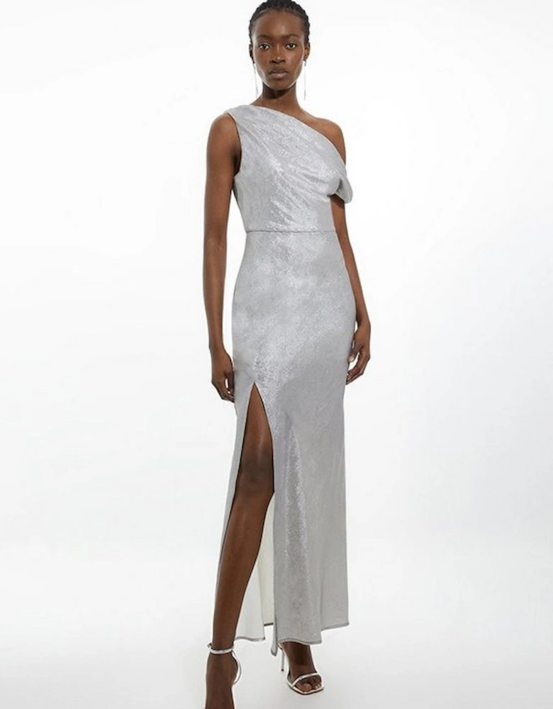 Petite Premium Metallic Ruched One Shoulder Maxi Dress