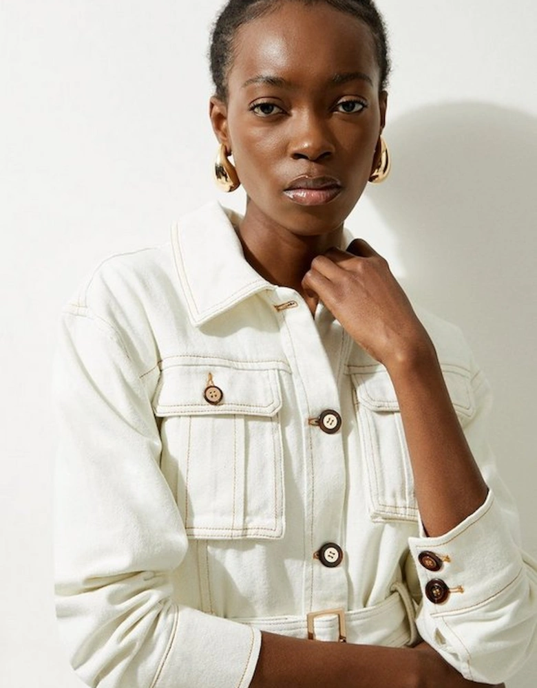 Denim Pocket Detail Belted Safari Jacket