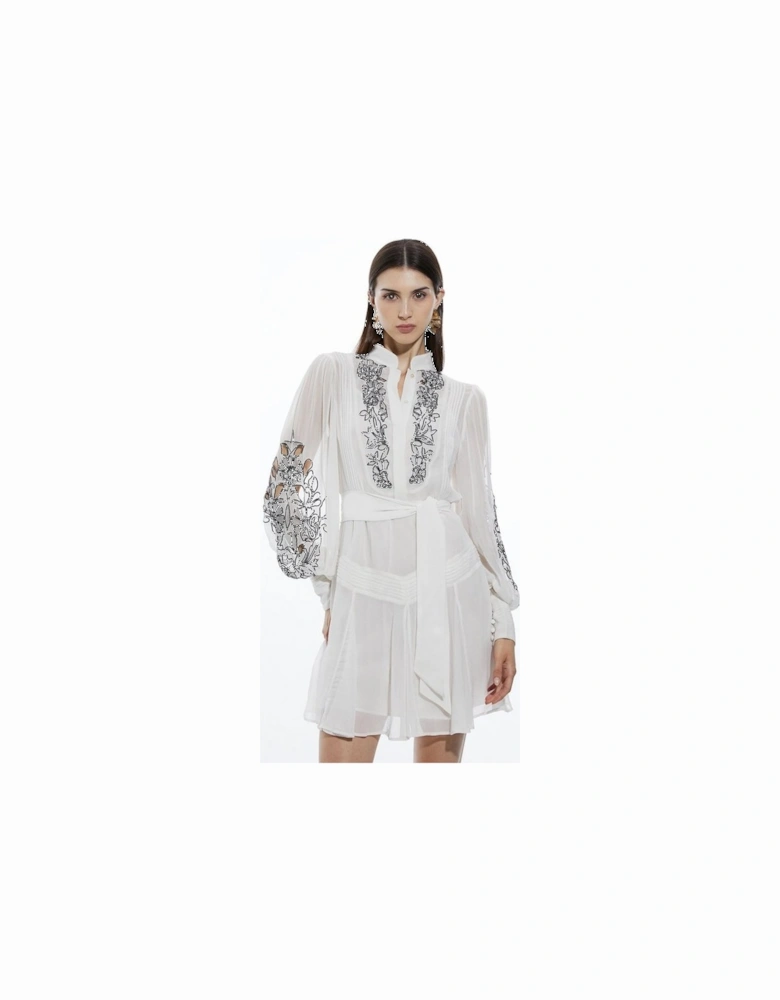 Embroidery Bib Detail Woven Mini Dress