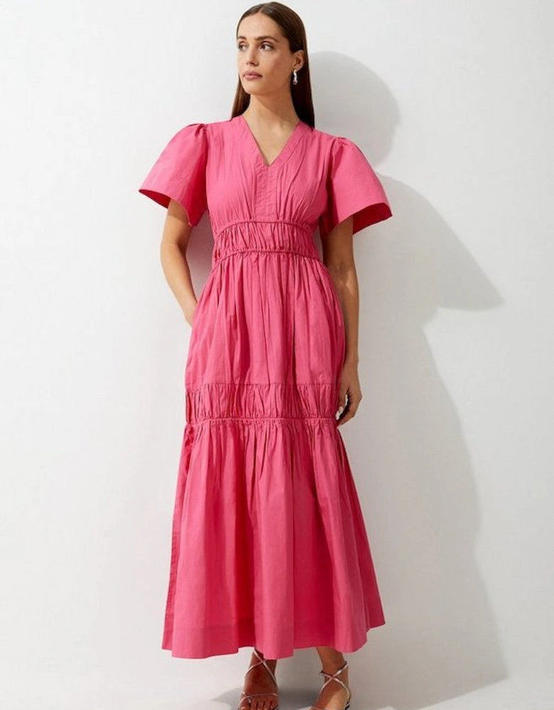 Cotton Woven Shirred Tiered Short Sleeve Maxi Dress