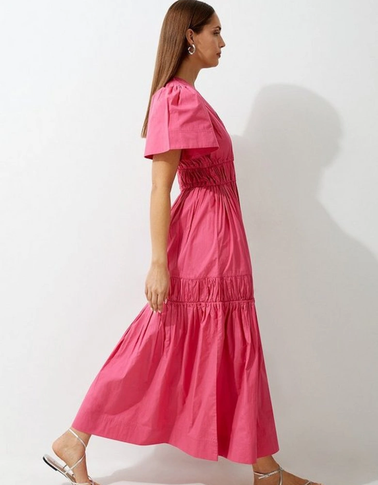 Cotton Woven Shirred Tiered Short Sleeve Maxi Dress