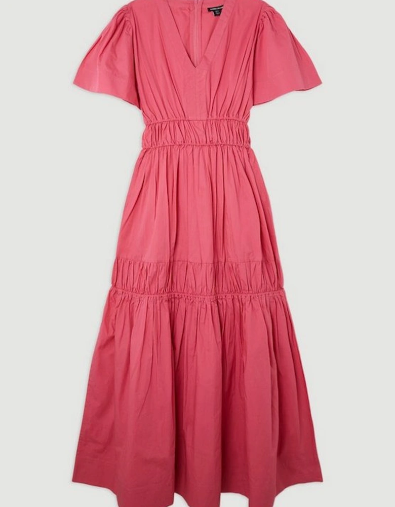 Cotton Woven Shirred Tiered Short Sleeve Maxi Dress