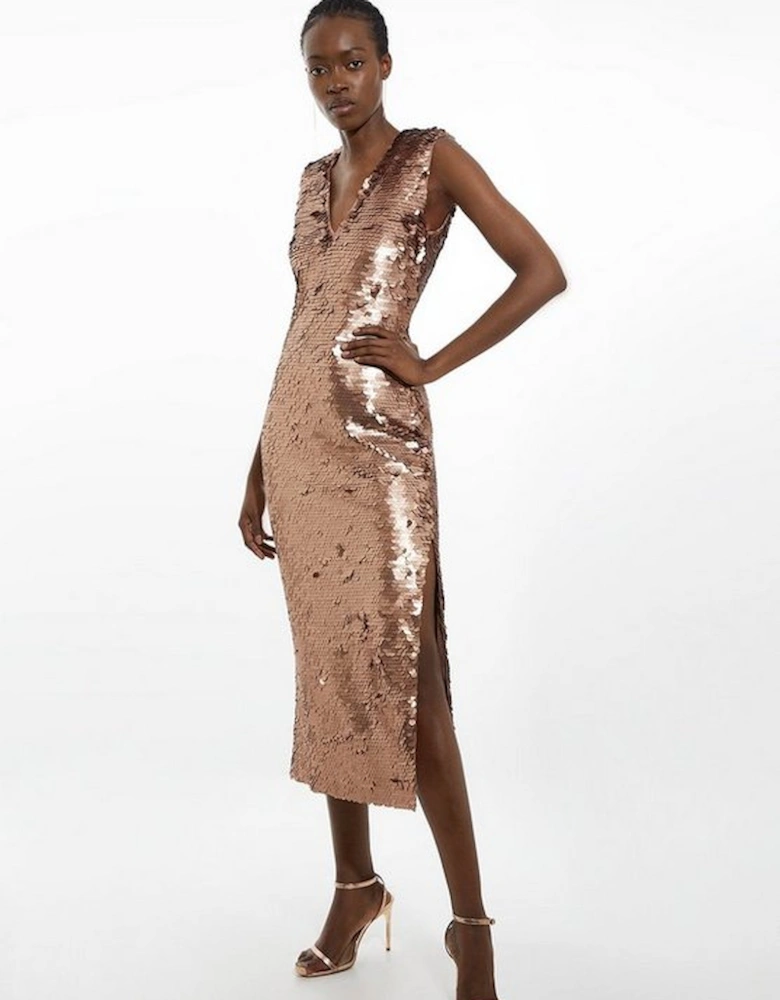 Sequin Deep Plunge Woven Midi Dress