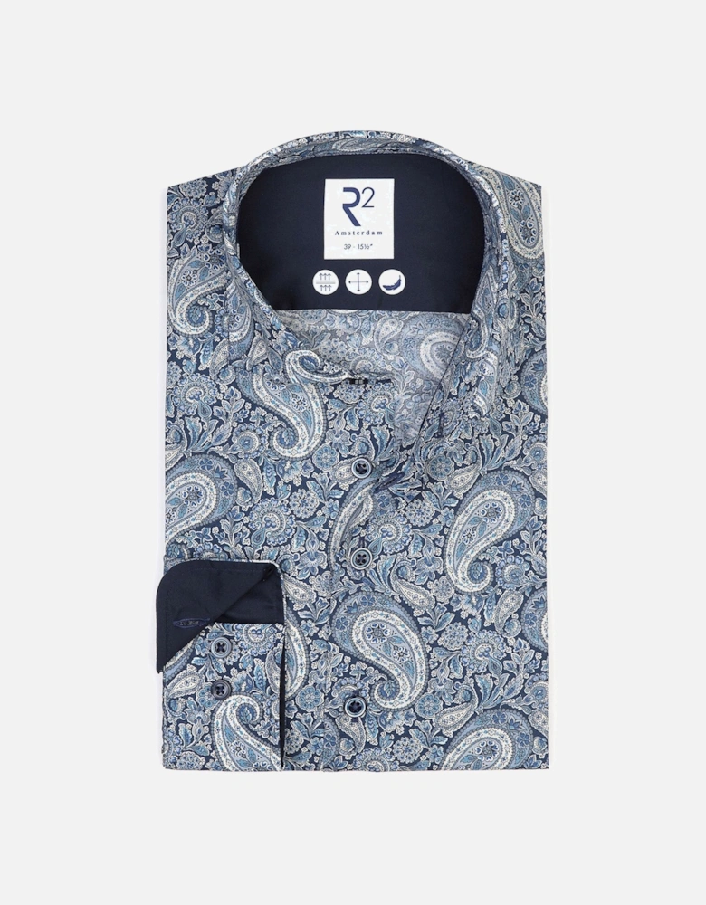 Cut Away Collar Long Sleeved Shirt Blue Paisley