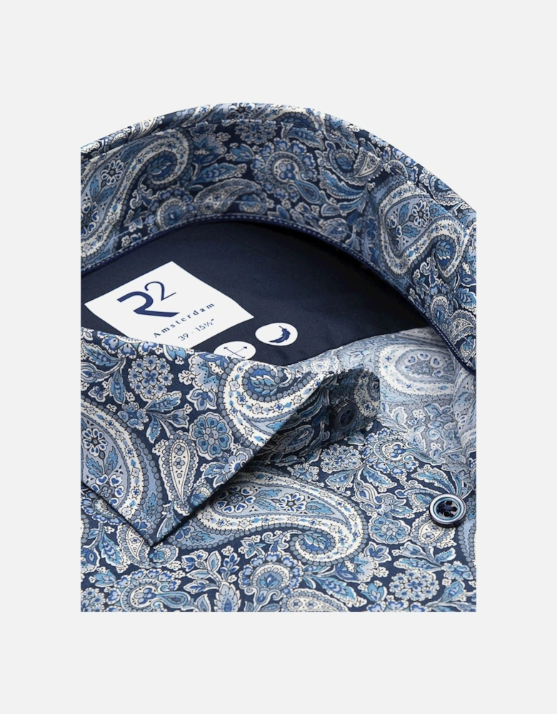 Cut Away Collar Long Sleeved Shirt Blue Paisley