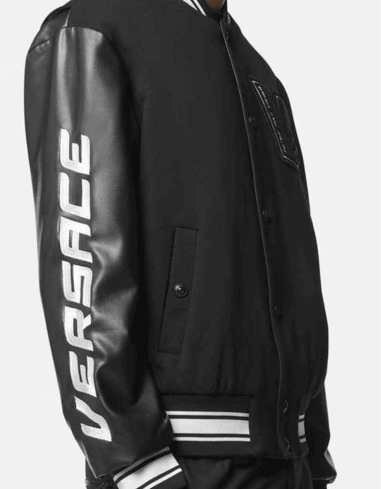 Embroidered Logo Black Leather Baseball Jacket