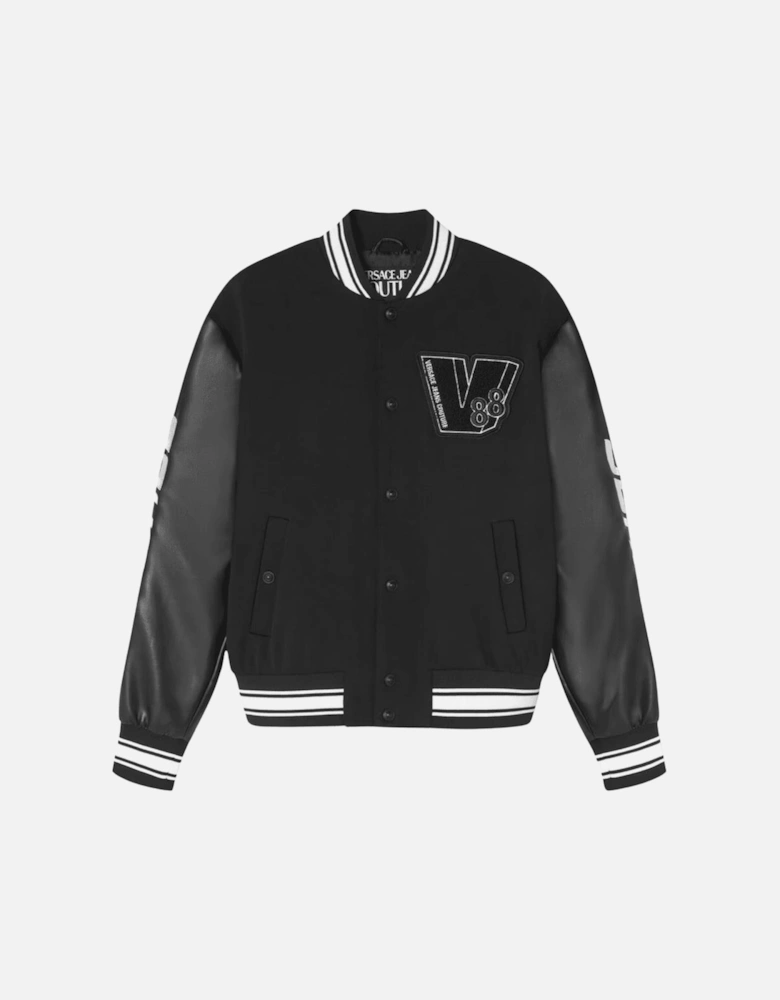 Embroidered Logo Black Leather Baseball Jacket