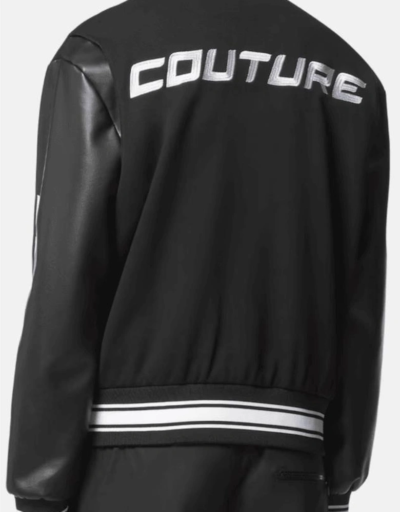 Embroidered Logo Black Leather Baseball Jacket