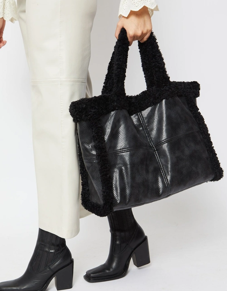 Black Faux Shearling Large Tote Shopper Bag