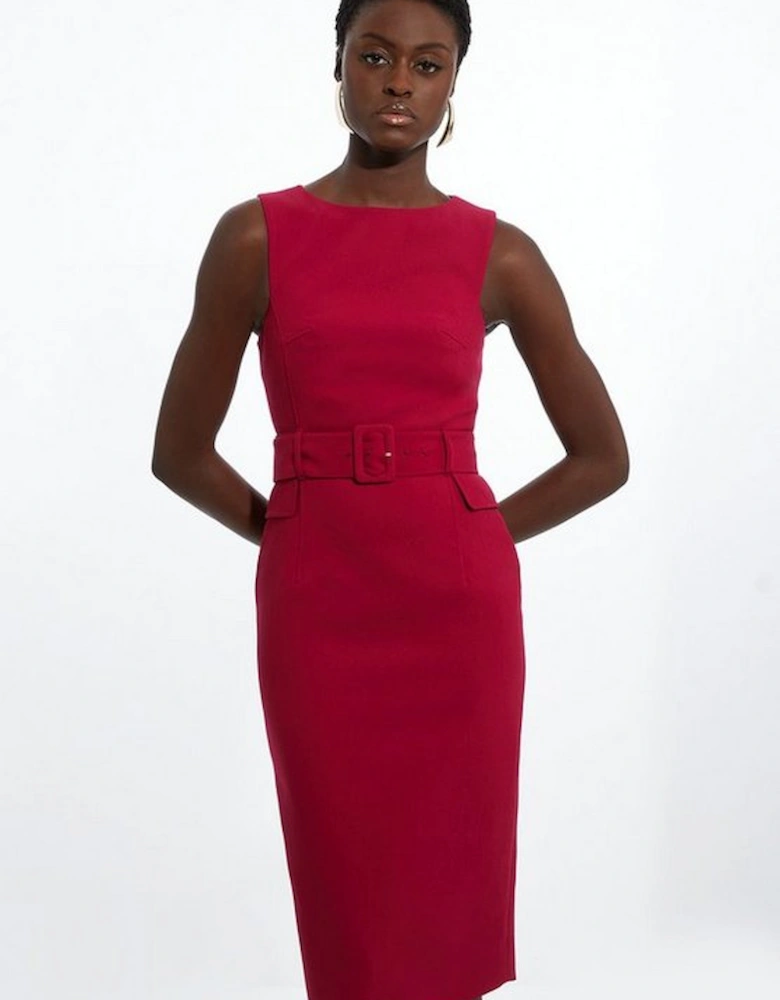 Petite Compact Stretch Belted Tailored Midi Pencil Dress