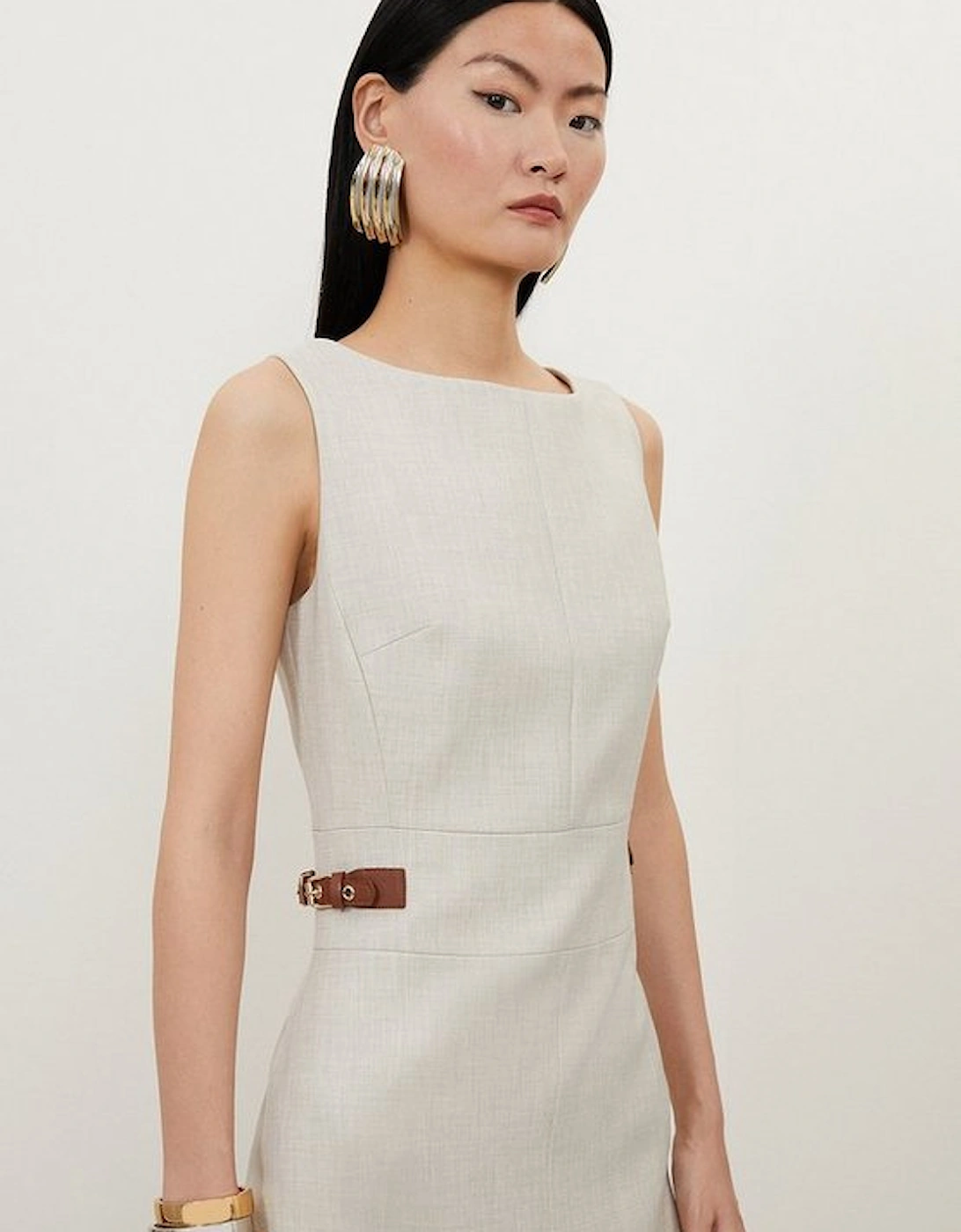 Melange Tailored Pu Tab Detail Midi Dress