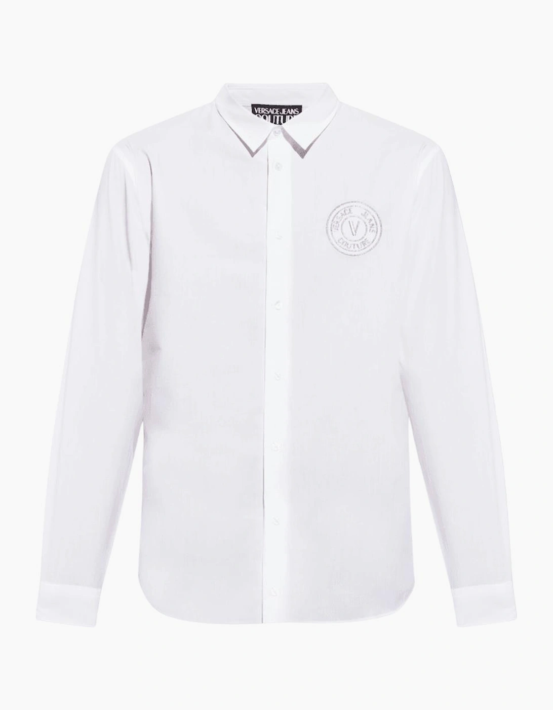 Versace Men's Cotton Printed V-Emblem Logo White/Gold Shirt - Size: Regular/36