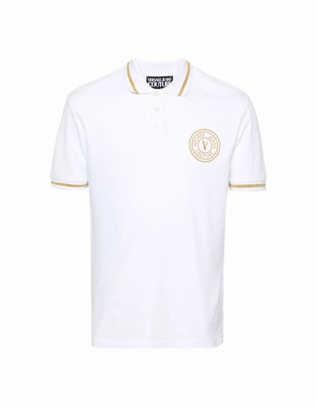 Versace Men's White Cotton Embroidered V-Emblem Logo /Gold Polo Shirt - : 38/Regular M
