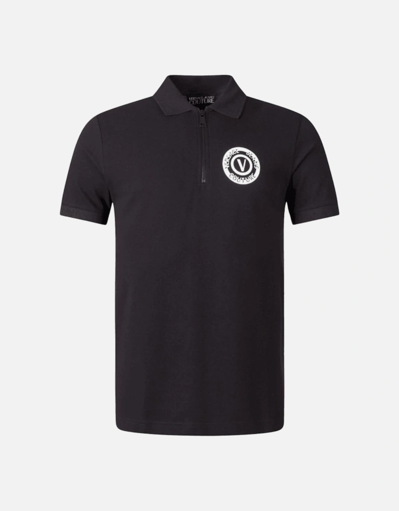 Cotton Printed Logo Zip Black Polo Shirt