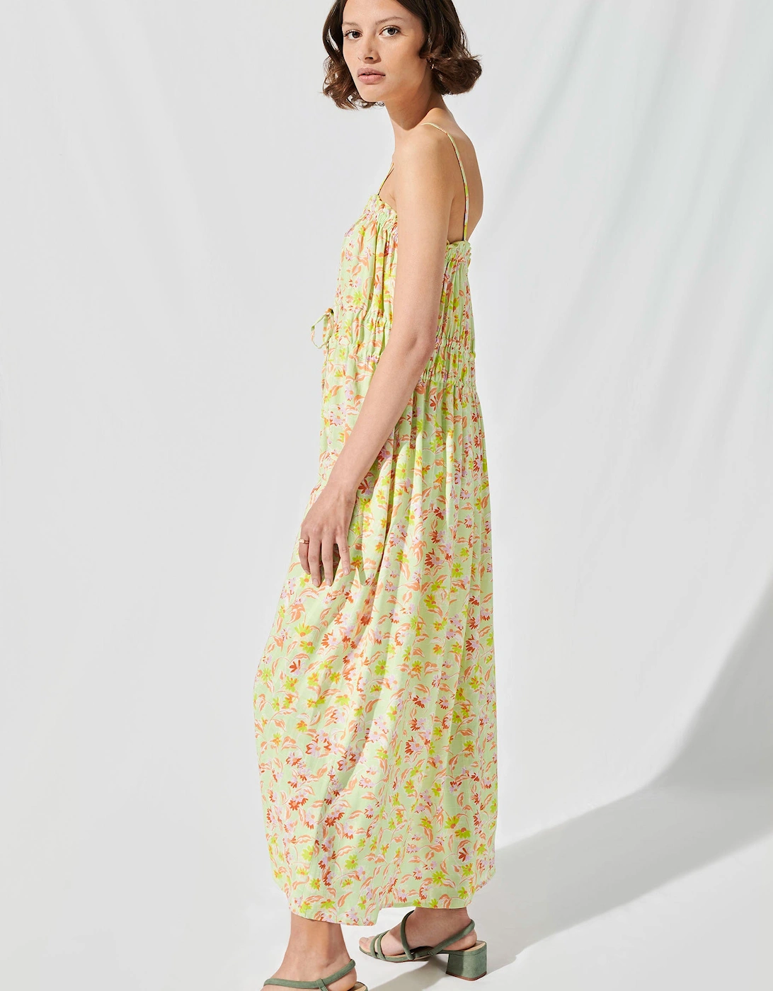 Ruched Cami Midi Dress in Lime Daisy