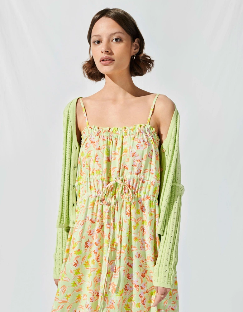 Ruched Cami Midi Dress in Lime Daisy