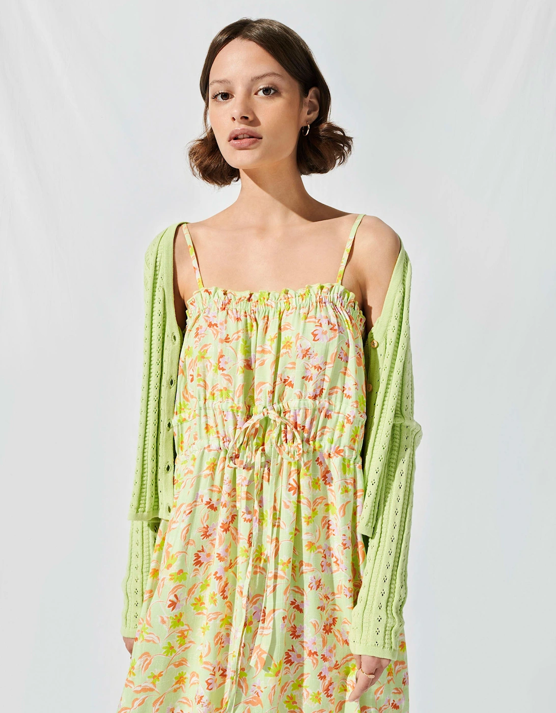 Ruched Cami Midi Dress in Lime Daisy