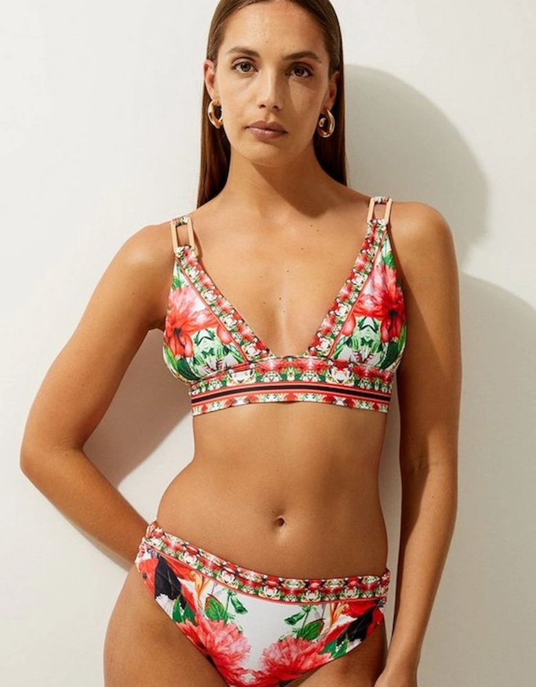 Mirror Floral Print Trim Detail Bikini Top