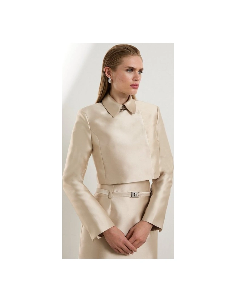 The Founder Satin Twill Cropped Wrap Tailored Jacket