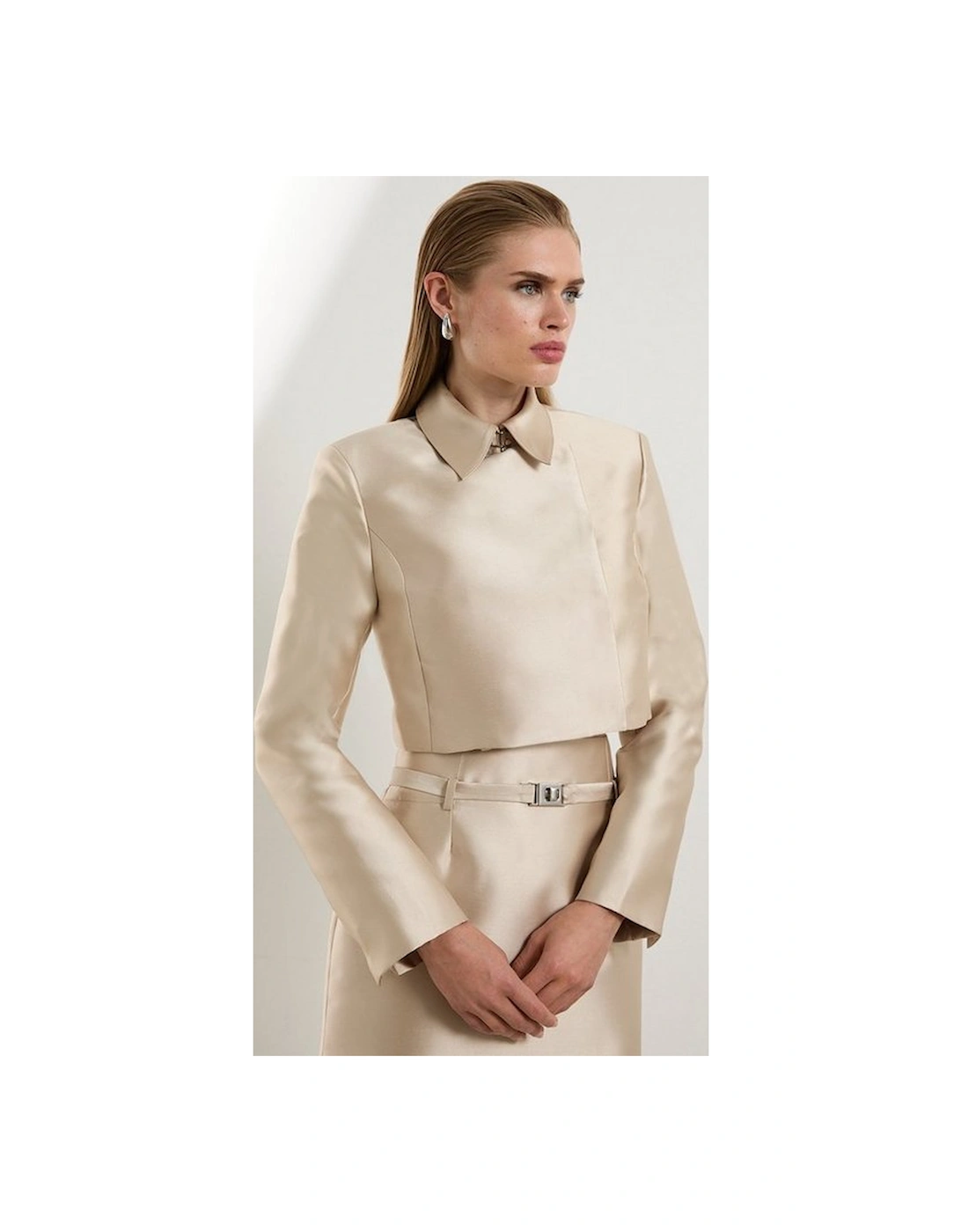 The Founder Satin Twill Cropped Wrap Tailored Jacket